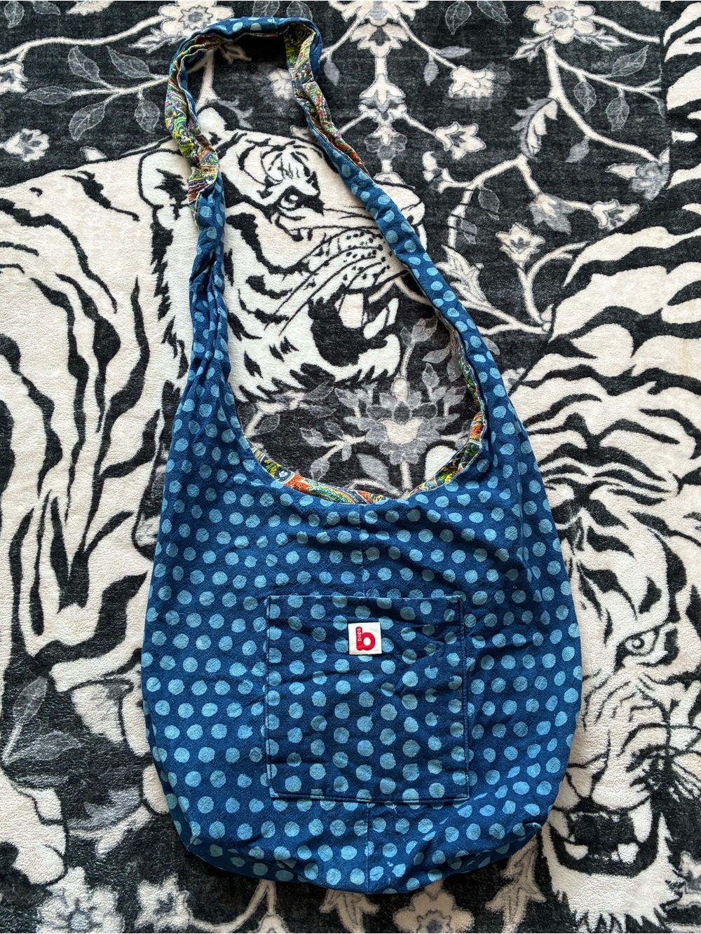 017 - WOMENS BOPS POLKA DOT PAISLEY BLUE REVERSIBLE BOHO TOTE SLING BAG